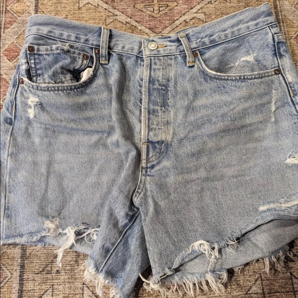 Agolde Parker Long Cut Off Denim Shorts Sz 29 Light Wash Frayed Summer Mid Rise